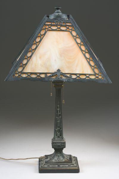 Appraisal: Vintage Arts Crafts Slag Glass Table Lamp unmarked with patinated