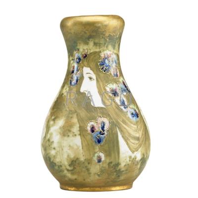 Appraisal: RIESSNER STELLMACHER KESSEL Amphora porcelain vase enamel-decorated with maiden and