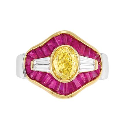 Appraisal: Platinum Fancy Intense Yellow Diamond Diamond and Ruby Ring Estimate