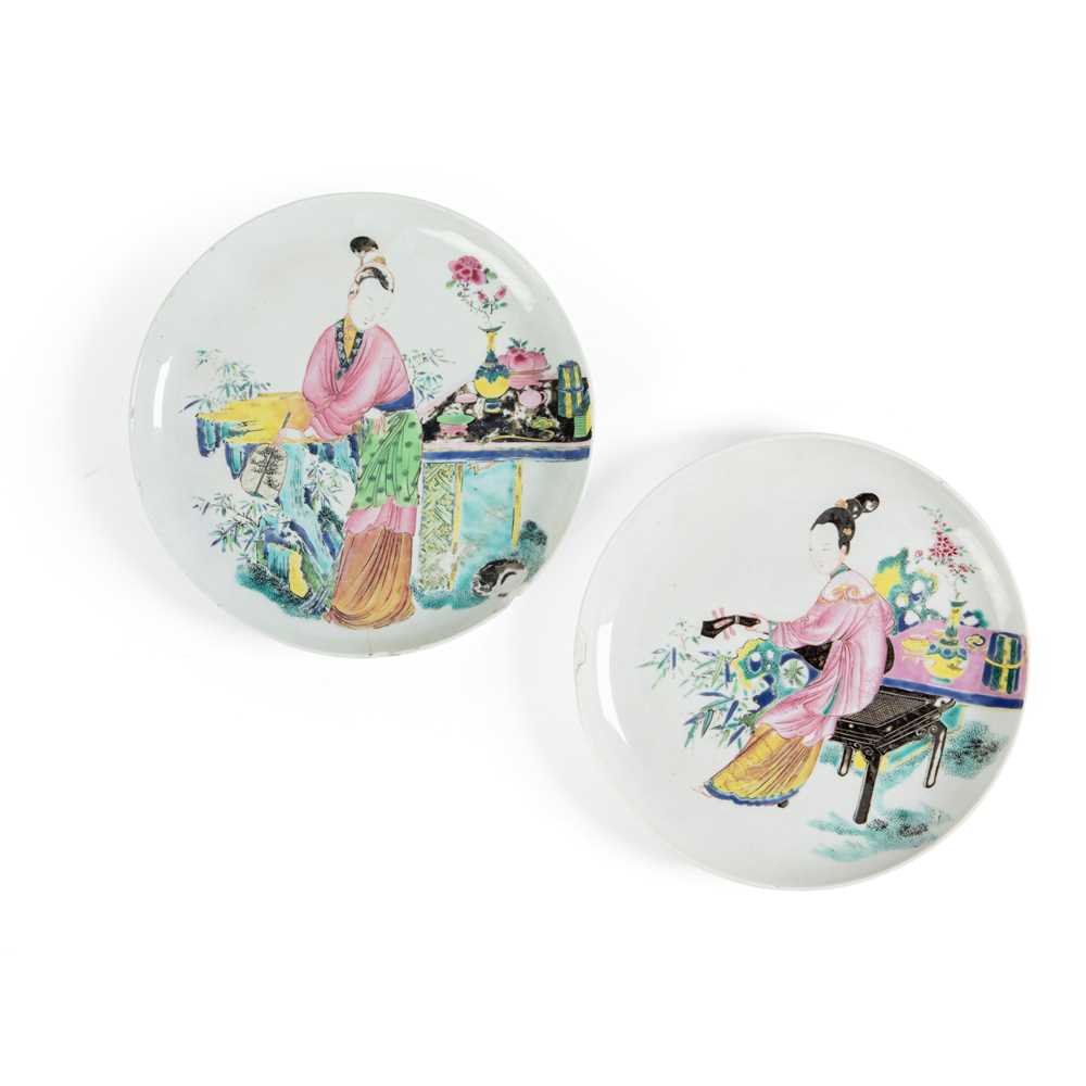 Appraisal: PAIR OF FAMILLE ROSE 'LADY' PLATES QING DYNASTY YONGZHENG PERIOD