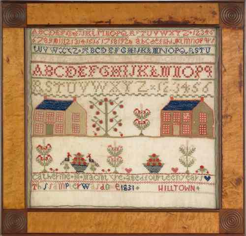 Appraisal: Pennsylvania wool on linen needlework sampler wrought by Catherine MacIntyre