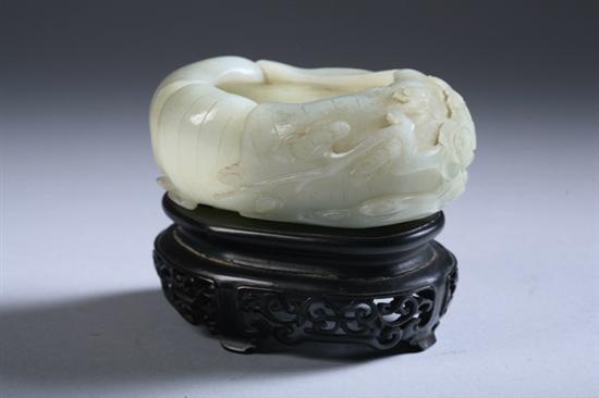 Appraisal: CHINESE CELADON JADE BRUSH WASHER Foliate-form with flowering prunus branch