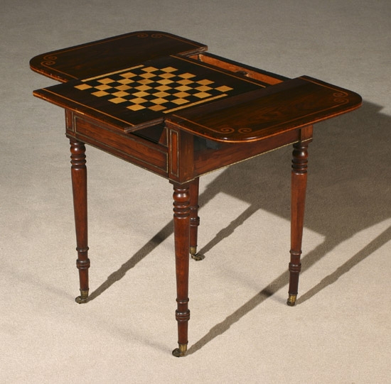 Appraisal: William IV Brass Mounted and Satinwood Inlaid Rosewood Drop-Leaf Games