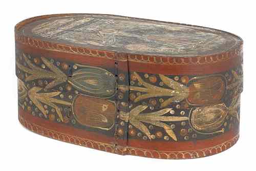 Appraisal: European painted oval bride's box th c with a woman