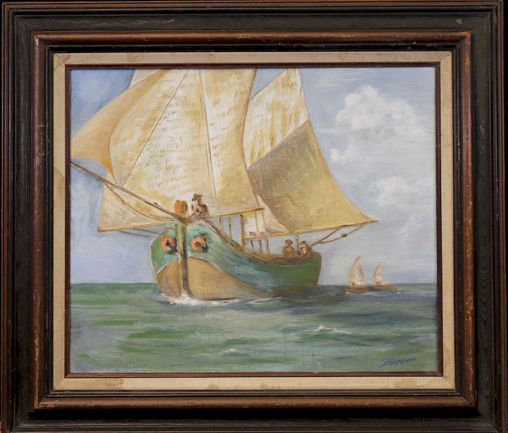 Appraisal: Signed th C Painting of Ship at Sea Signed th