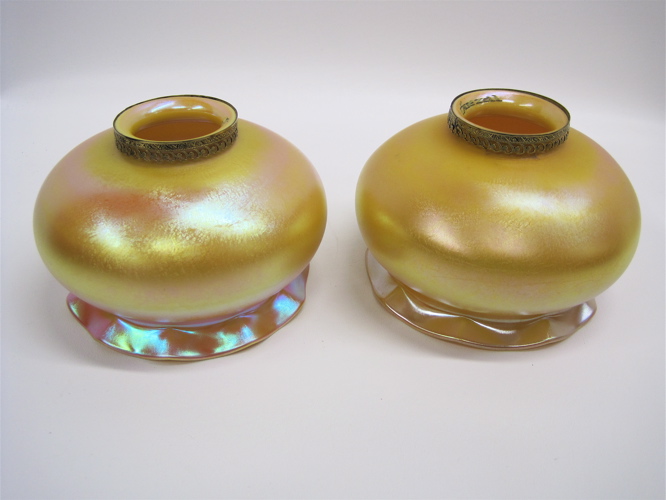 Appraisal: PAIR QUEZAL ART GLASS GOLD IRIDESCENT LAMP SHADES bell-shaped with