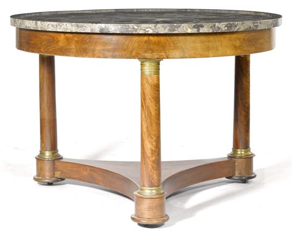 Appraisal: ROUND SALON TABLE nd Empire France Mahogany Grey marble top