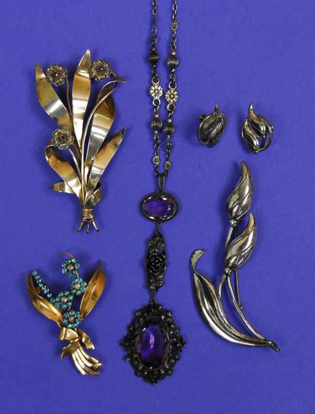 Appraisal: ASSEMBLAGE OF SILVER AND GEM SET JEWELRY including brooches a