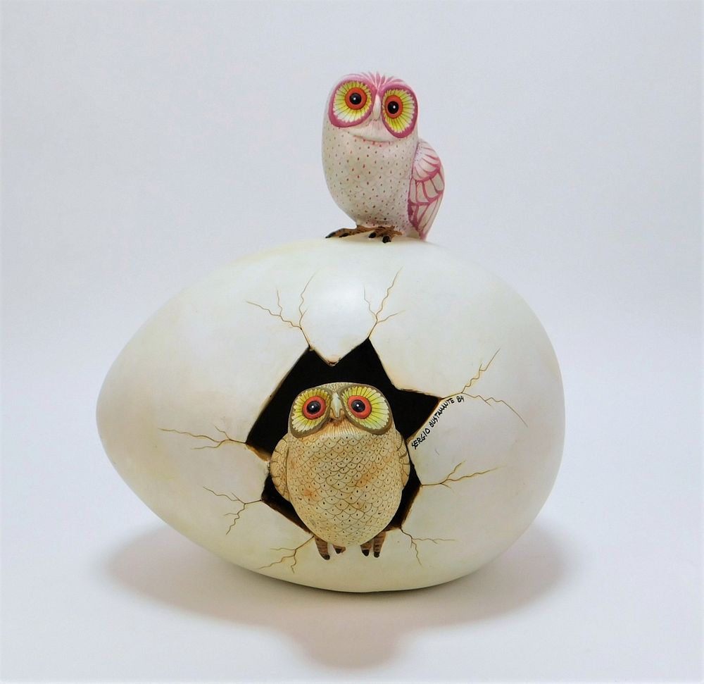 Appraisal: Sergio Bustamante Surrealist Owls Egg Sculpture Sergio Bustamante Mexico b