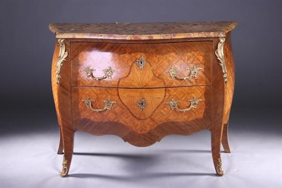 Appraisal: LOUIS XV STYLE MARBLE-TOP PARQUETRY INLAID BOMBE COMMODE th century