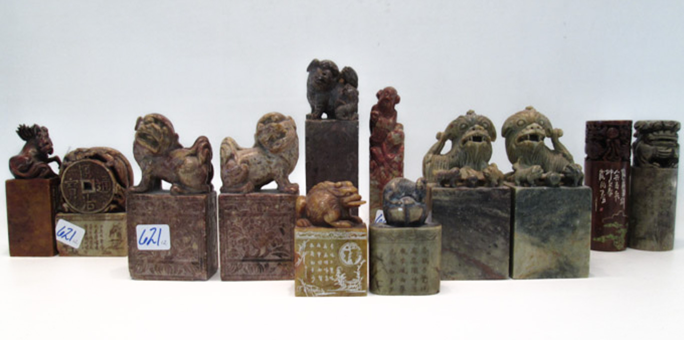 Appraisal: TWELVE CHINESE CARVED SOAPSTONE SEAL CHOPS various forms colors and