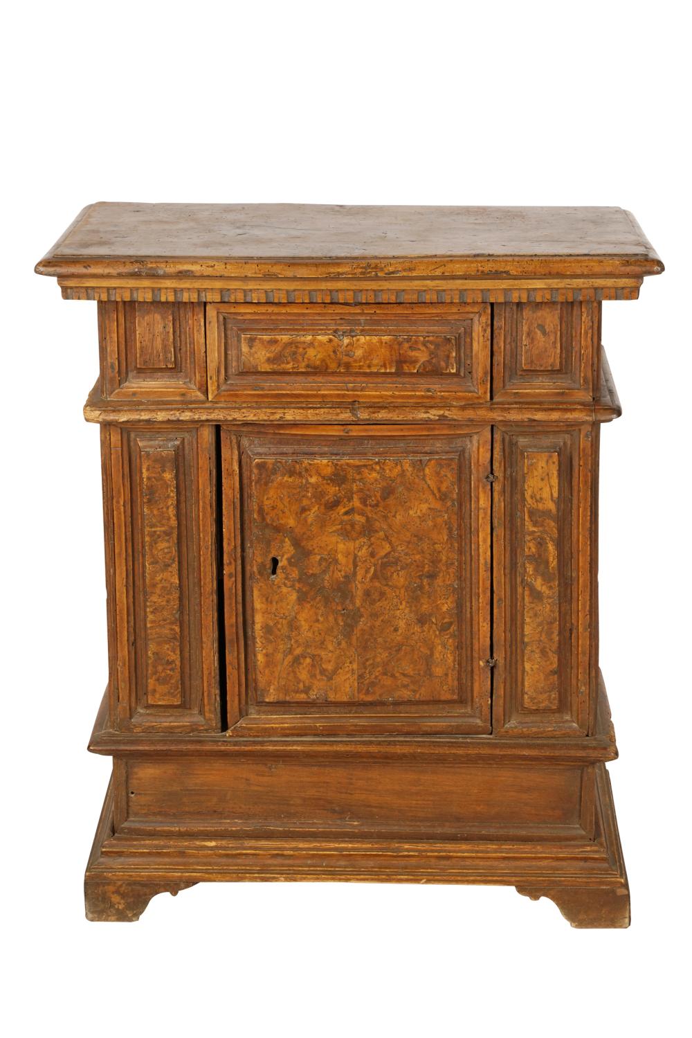 Appraisal: ITALIAN WALNUT SIDE CABINEThaving a single frieze drawer over a