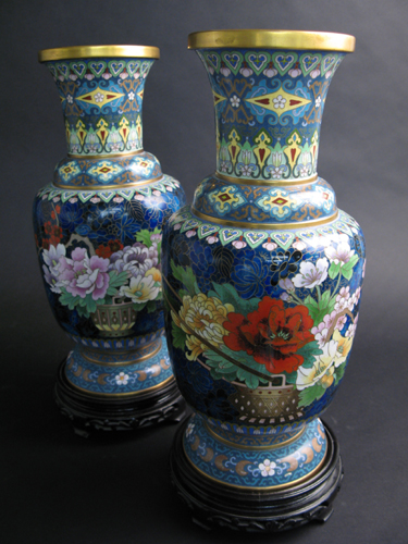 Appraisal: PAIR OF CHINESE CLOISONNE VASES each brass vessel with colorful