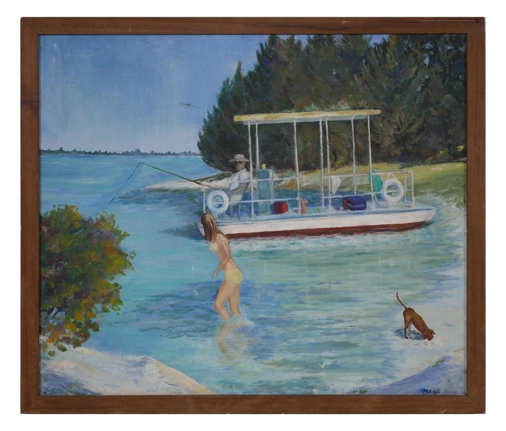 Appraisal: SUNDAY LAGOON FLORIDA BOAT PAINTINGNautical painting of a man in