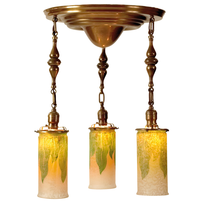 Appraisal: Handel hanging fixture brass fixture holds three cylindrical acid etched