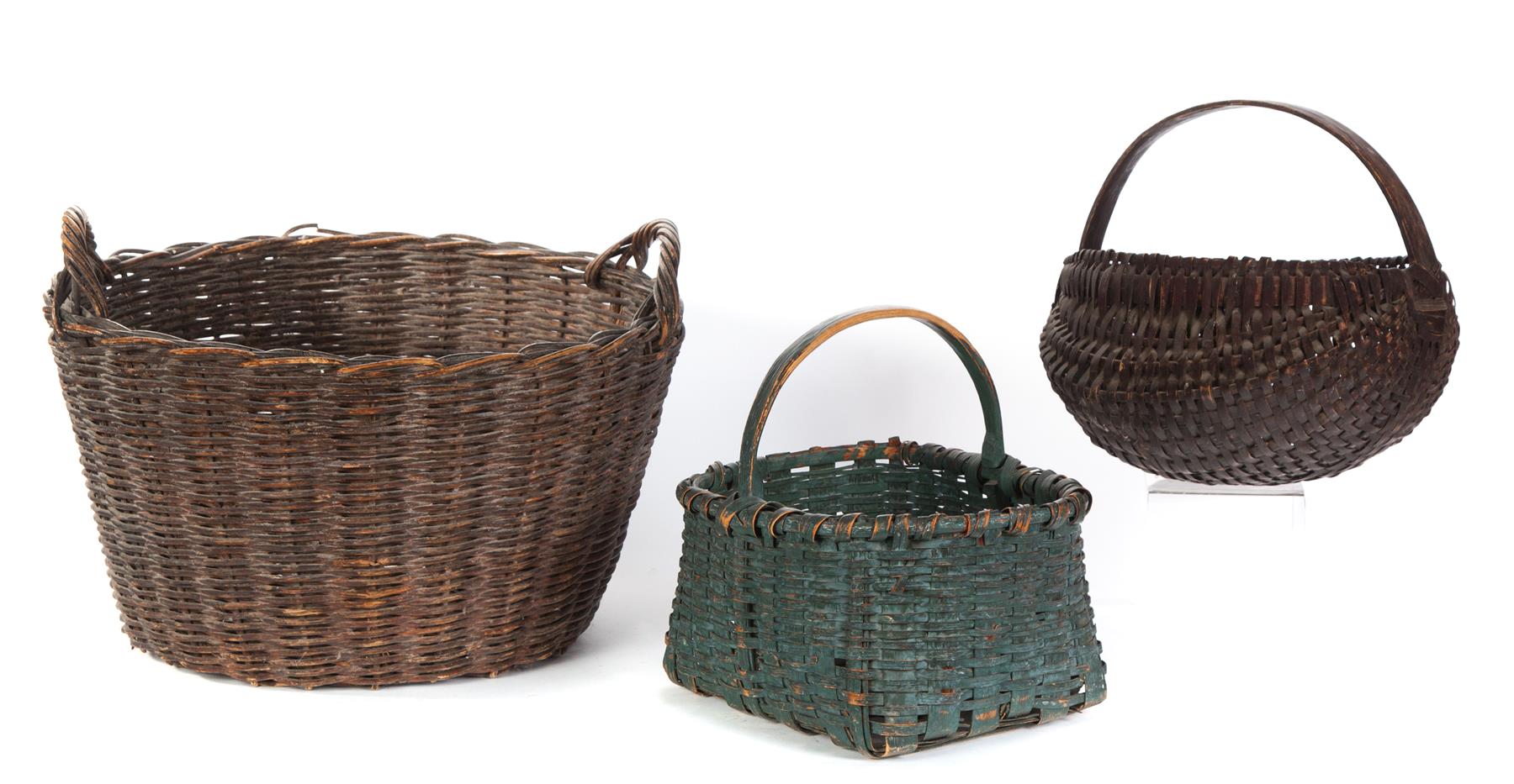 Appraisal: THREE AMERICAN PAINTED BASKETS Late th-early th century Two woven