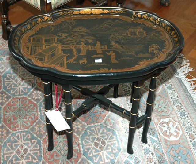 Appraisal: A CHINOISERIE STYLE BLACK LACQUERED TRAY ON STAND Of shaped