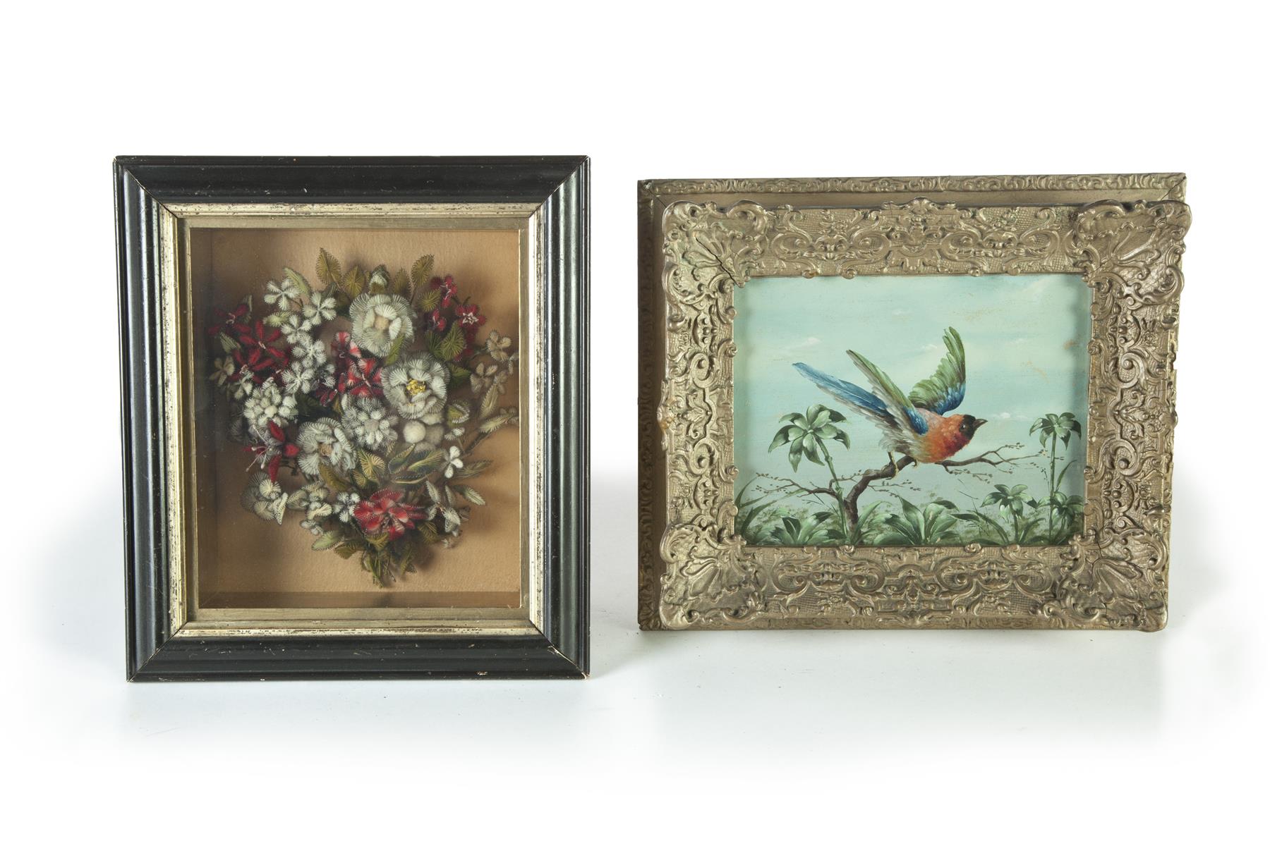 Appraisal: TWO FRAMED ITEMS American nd half- th century Floral thread