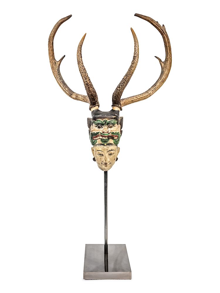 Appraisal: A Burmese Nat Bust with Antlers A Burmese Nat Bust