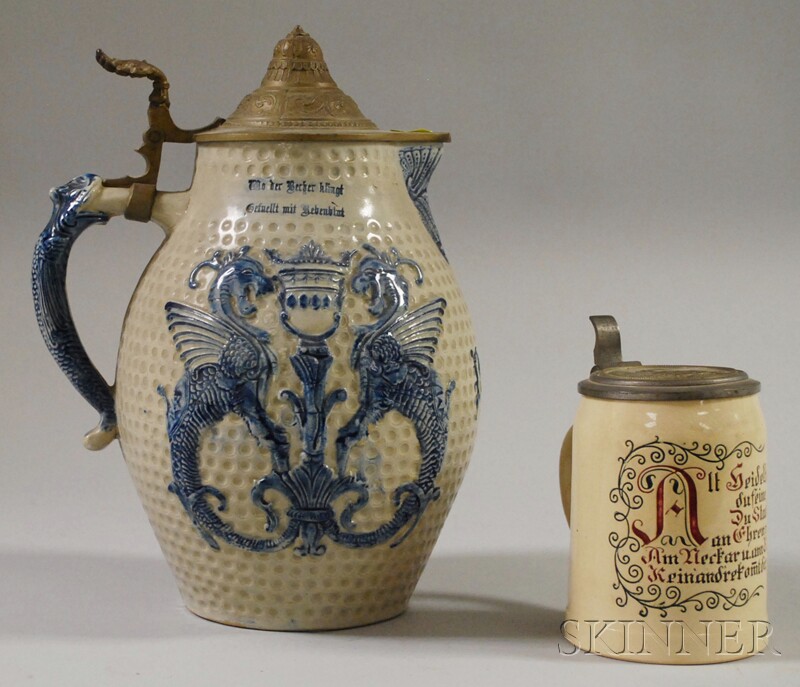 Appraisal: German Pewter-lidded Cobalt-highlighted Molded Stoneware Pitcher and a Heidelberg Liter