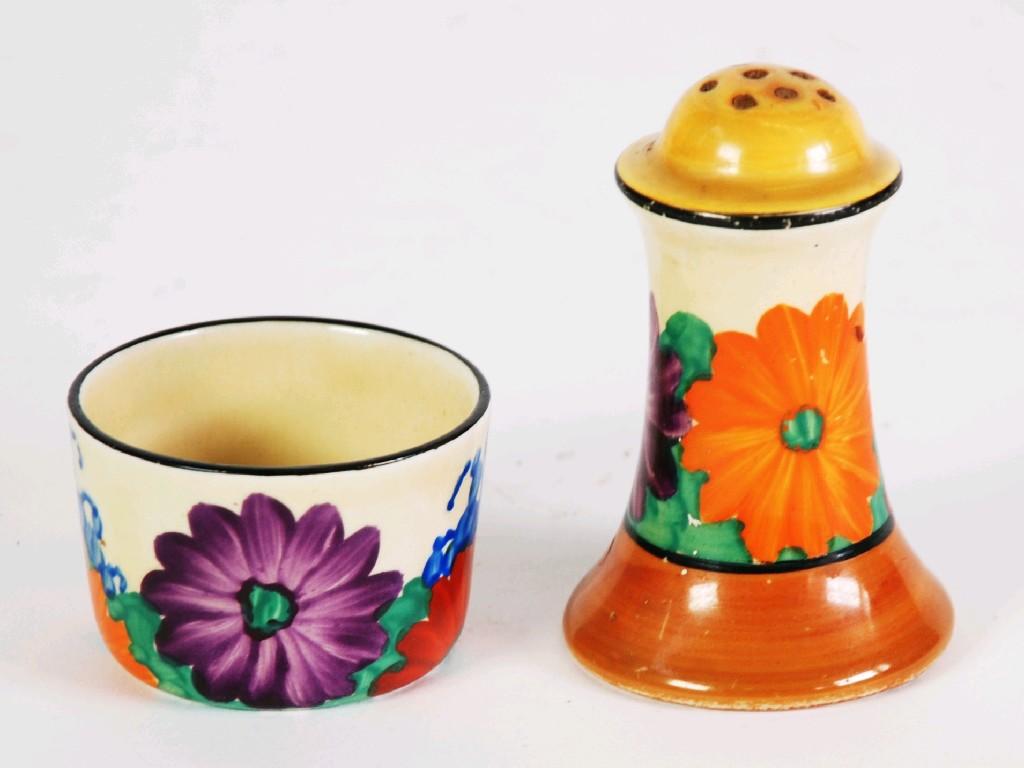 Appraisal: CLARICE CLIFF WILKINSON BIZARRE POTTERY 'GAYDAY' SALT AND PEPPERETTE painted