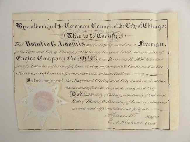 Appraisal: Chicago fireman's certificate name Horatio G Loomis