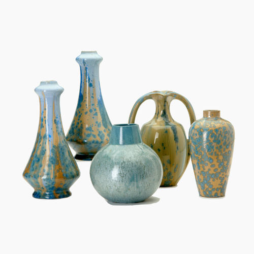 Appraisal: FRENCH Five vases with blue and amber crystalline glazes by