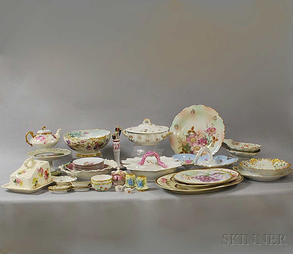 Appraisal: Group of Hand-painted European Porcelain including a Dresden reticulated compote