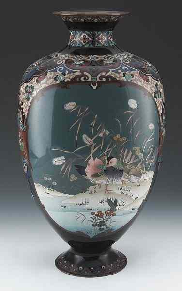 Appraisal: Japanese Meiji cloisonne vasedepicting chrysanthemum flowers and lucky symbols ''H