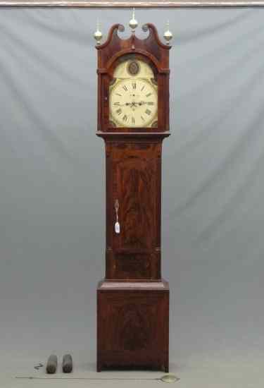 Appraisal: th c mahogany inlaid grandfather clock brass works painted face