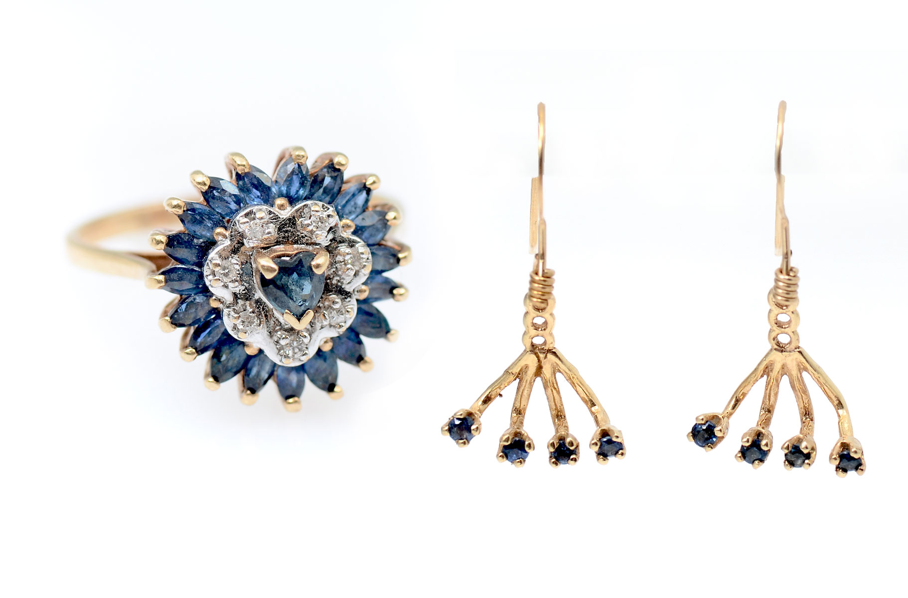 Appraisal: PIECE SAPPHIRE RING EARRINGS K yellow gold earrings contain round