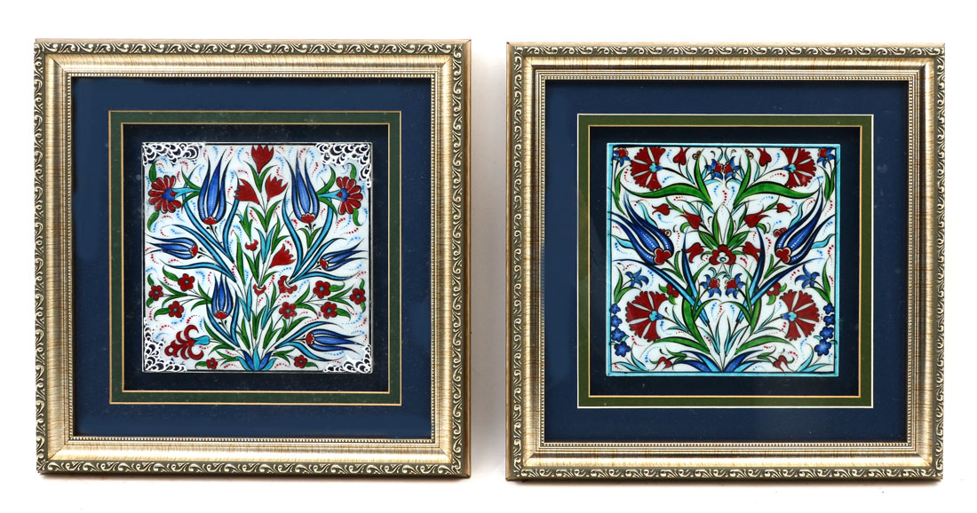 Appraisal: PAIR OF FRAMED PERSIAN TILES OF TULIPS Matched pair with