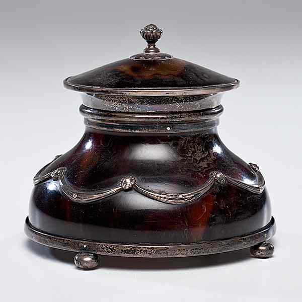 Appraisal: Tortoise Shell and Sterling Inkwell English ca A tortoise shell