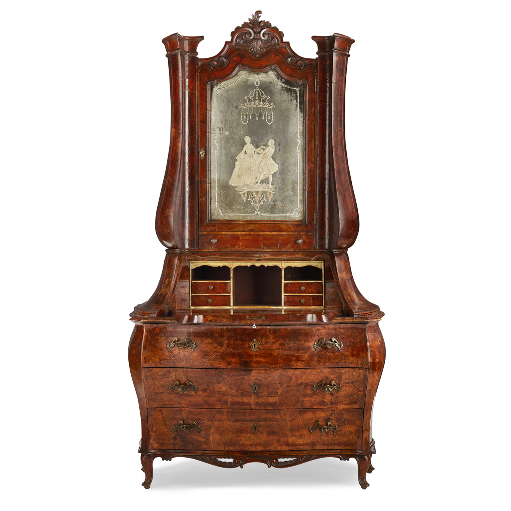 Appraisal: FINE ITALIAN WALNUT BOMBE BUREAU CABINET TH CENTURY the foliate