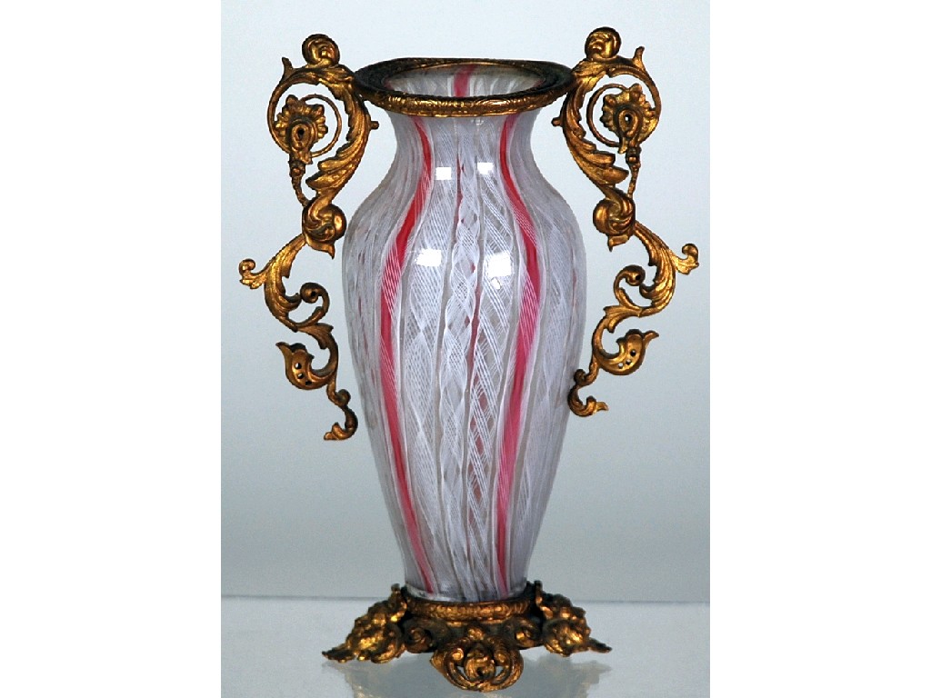 Appraisal: VENETIAN LATICINIO PINK AND WHITE STRIPED GLASS VASE with ornate