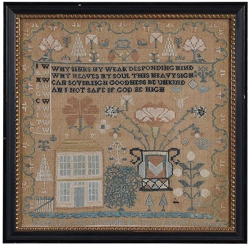 Appraisal: Signed House Needlework American probably Pennsylvania five windowed house beside