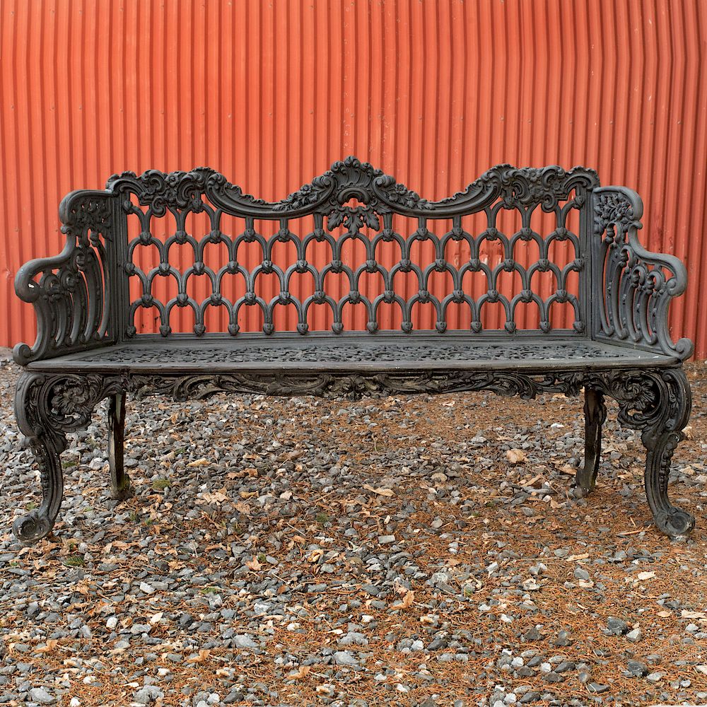 Appraisal: Black Painted Cast Iron Garden Bench Possibly Coalbrookdale x ft