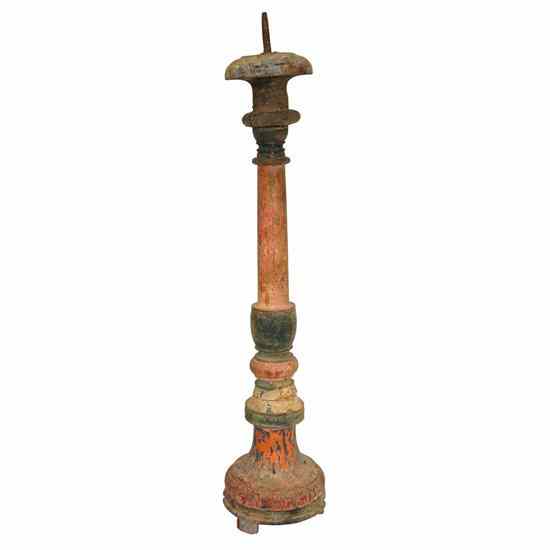 Appraisal: An Indo-Portuguese Painted Teak Candlestick circa having a broad drip