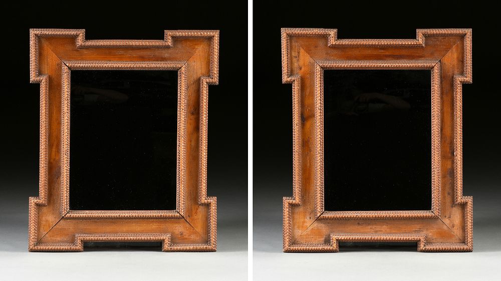 Appraisal: A PAIR OF TRAMP ART CARVED BEECH MIRRORS LATE TH