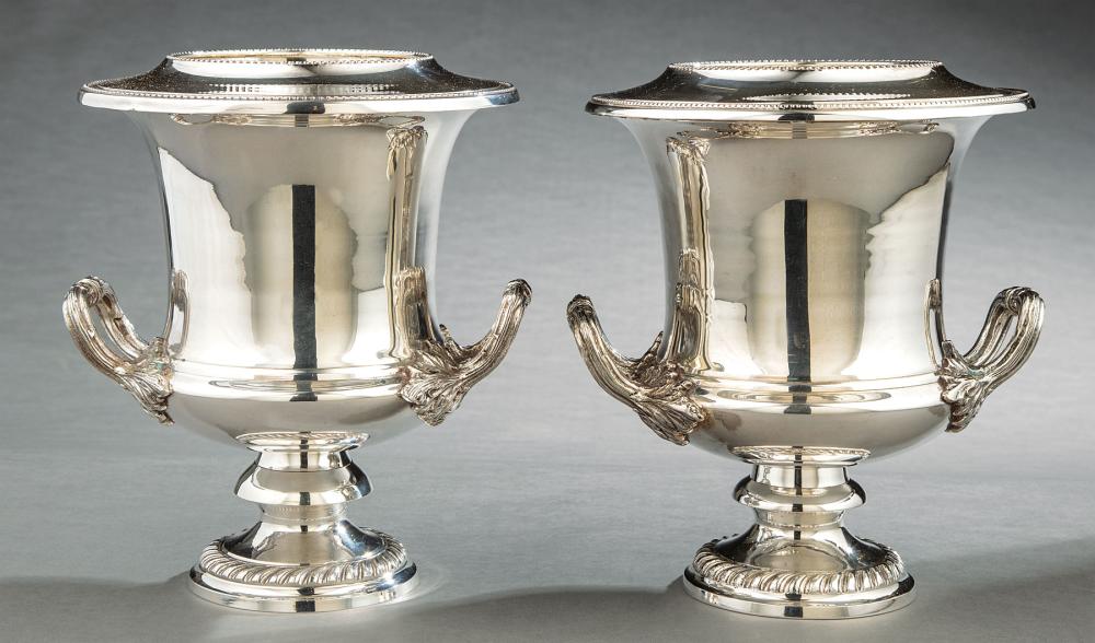 Appraisal: Pair of Georgian-Style Silverplate Campagna-Form Wine Coolers spurious marks removable