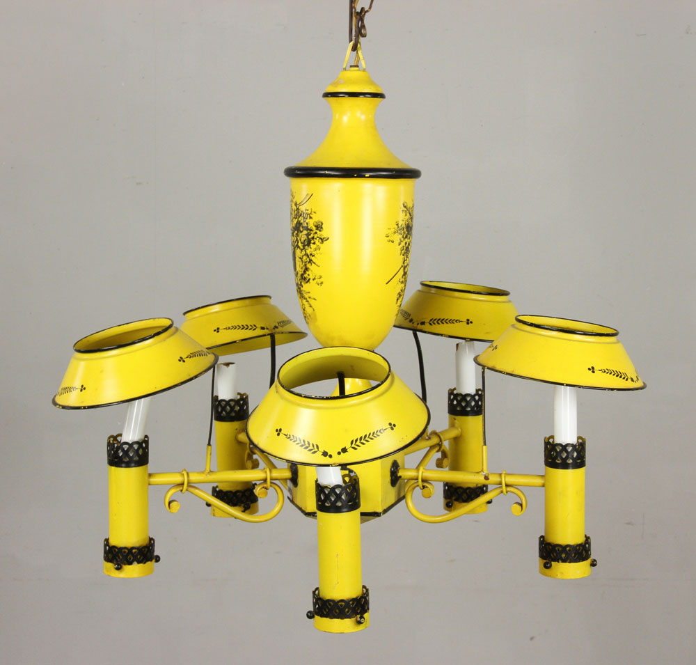 Appraisal: - Tole Decorated Chandelier Tole decorated chandelier painted yellow h