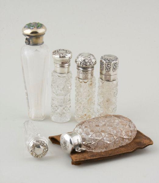 Appraisal: Collection of Six Victorian Perfumes Cut Glass sterling tops all