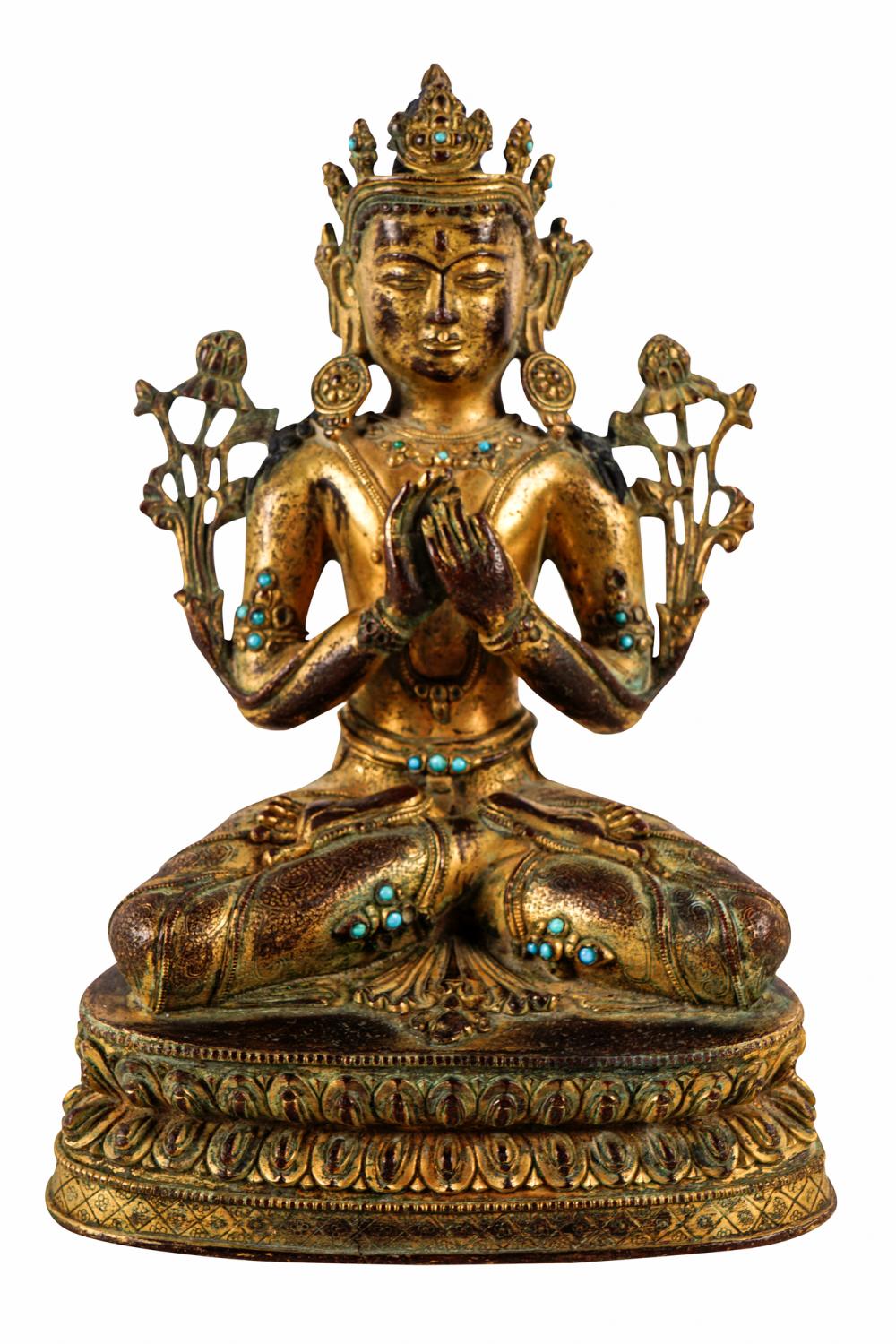 Appraisal: TIBETAN GILT BRONZE QUAN YIN STATUEwith turquoise insets inches wide