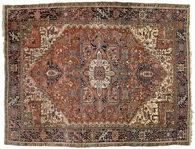 Appraisal: Heriz rug typical central medallion on brick red field ivory