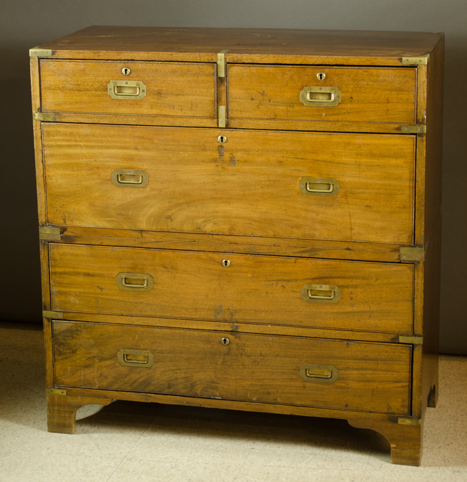 Appraisal: TWO-STACK MAHOGANY MILITARY CAMPAIGN CHEST English th century the top