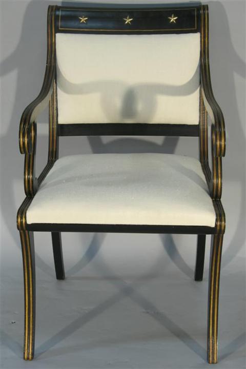 Appraisal: REGENCY STYLE BLACK AND GOLD PAINTED ARMCHAIR th century the