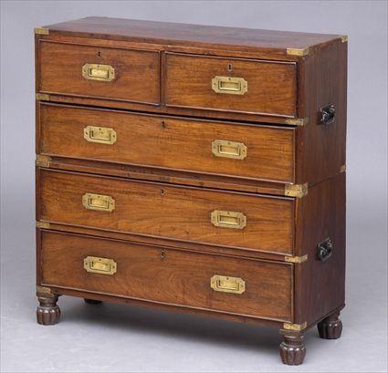 Appraisal: CHINESE EXPORT BRASS-MOUNTED HARDWOOD CAMPAIGN CHEST-ON-CHEST Containing short and long