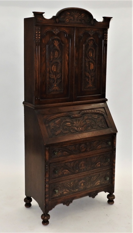 Appraisal: ENGLISH TUDOR STYLE CARVED OAK SECRETARY United States th CenturyCarved