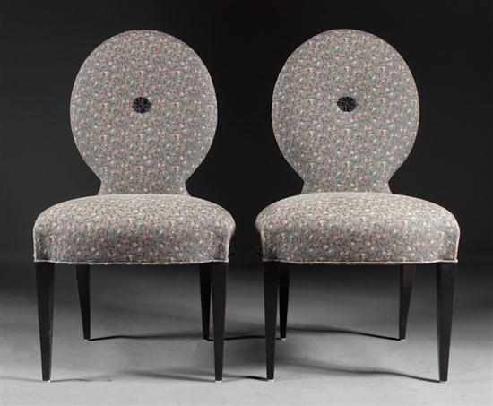 Appraisal: Pair of contemporary Italian ebonized wood upholstered side chairs Donghia