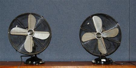 Appraisal: TWO BLACK ENAMELLED DESK FANS BY CINNI CIRCA fitted for